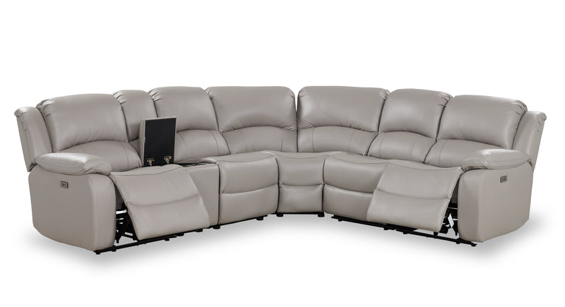 Sofa sectionnel à inclinaison électrique Marcel 6 pièces en cuir véritable avec console de rangement et port USB - gris