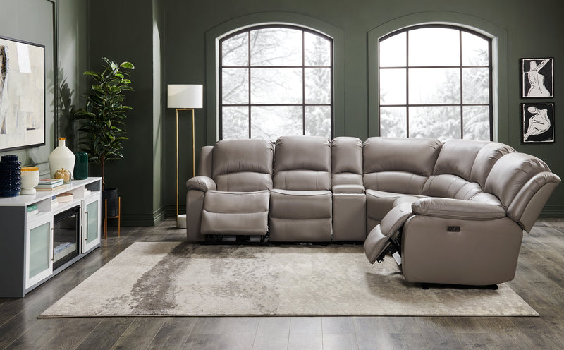 Sofa sectionnel à inclinaison électrique Marcel 6 pièces en cuir véritable avec console de rangement et port USB - gris