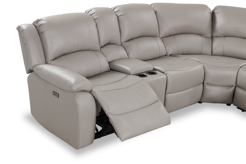 Sofa sectionnel à inclinaison électrique Marcel 6 pièces en cuir véritable avec console de rangement et port USB - gris