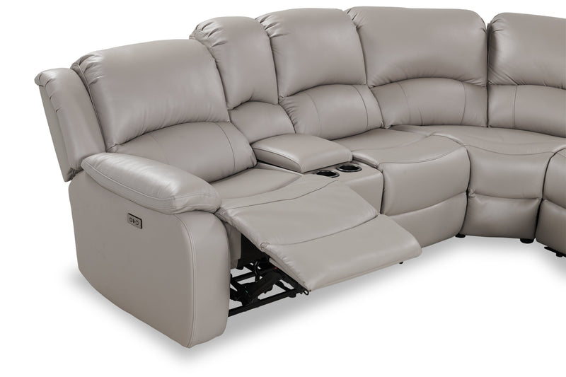 Sofa sectionnel à inclinaison électrique Marcel 6 pièces en cuir véritable avec console de rangement et port USB - gris