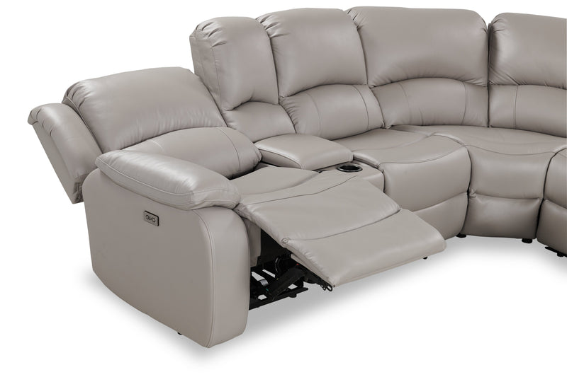 Sofa sectionnel à inclinaison électrique Marcel 6 pièces en cuir véritable avec console de rangement et port USB - gris