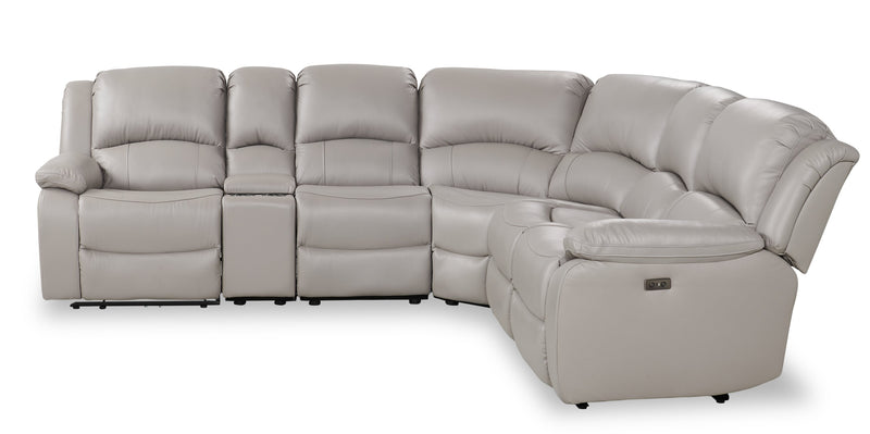 Sofa sectionnel à inclinaison électrique Marcel 6 pièces en cuir véritable avec console de rangement et port USB - gris