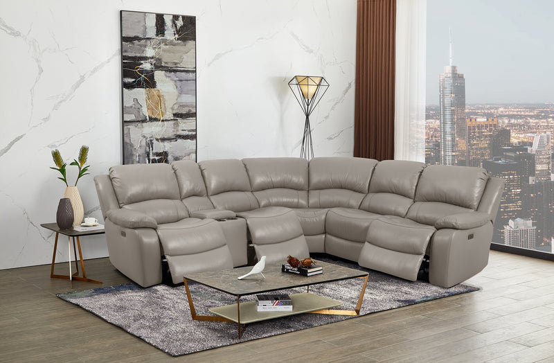 Sofa sectionnel à inclinaison électrique Marcel 6 pièces en cuir véritable avec console de rangement et port USB - gris