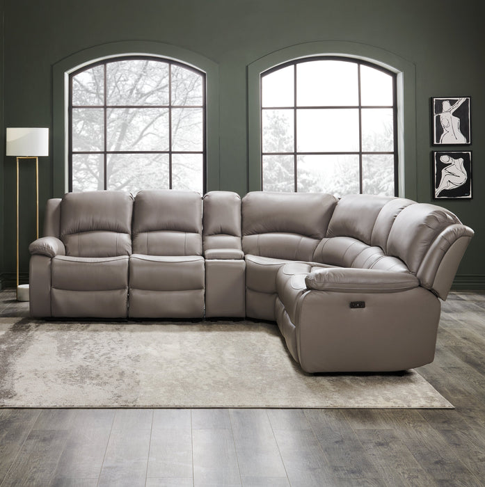 Sofa sectionnel à inclinaison électrique Marcel 6 pièces en cuir véritable avec console de rangement et port USB - gris