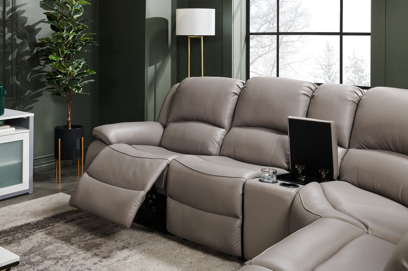 Sofa sectionnel à inclinaison électrique Marcel 6 pièces en cuir véritable avec console de rangement et port USB - gris