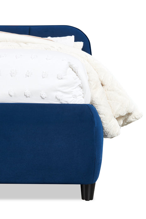 Lit plateforme rembourré Mave en tissu de velours bleu - format grand lit
