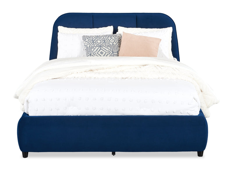 Lit plateforme rembourré Mave en tissu de velours bleu - format grand lit
