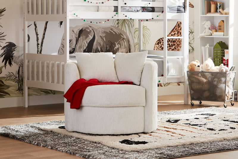 Fauteuil d’appoint pivotant Cuddler Petite de 36 po fabriqué au Canada en tissu de chenille - blanc Plush Heaven