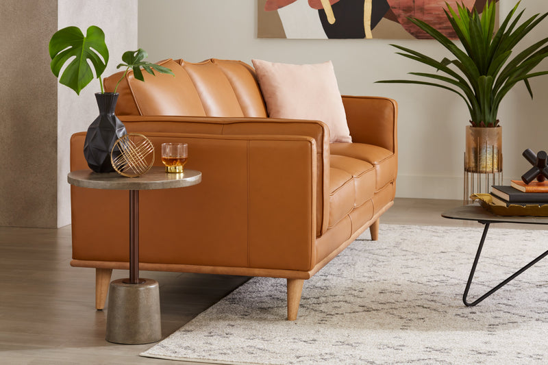 Sofa Vivia de 86 po en cuir véritable avec coussins de siège amovibles et pattes en bois - brun caramel 