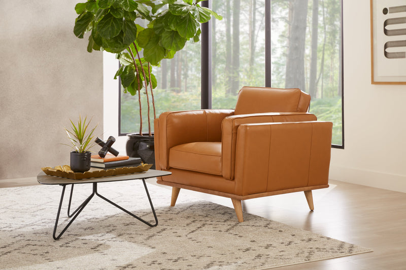 Fauteuil Vivia de 40 po en cuir véritable avec coussin de siège amovible et base en bois - brun caramel