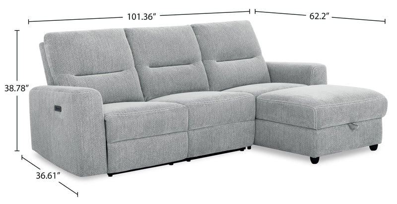 Sofa sectionnel de droite à inclinaison électrique Meadow 2 pièces en tissu de chenille avec fauteuil long de rangement - gris rivière