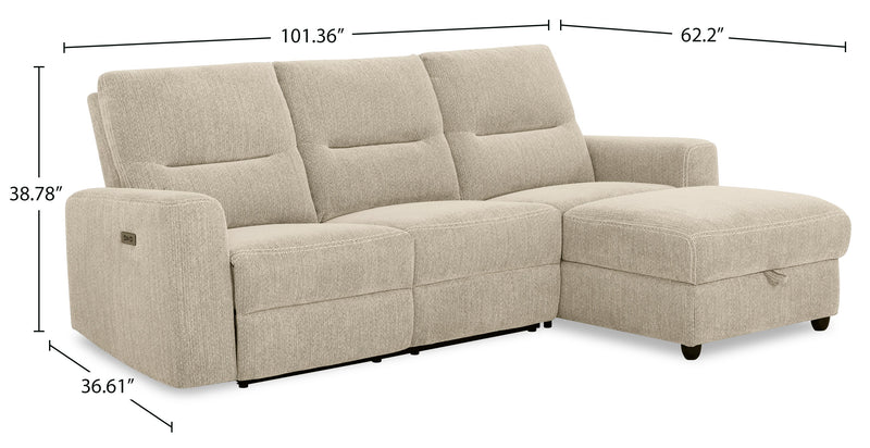 Sofa sectionnel de droite à inclinaison électrique Meadow 2 pièces en tissu de chenille avec fauteuil long de rangement - taupe