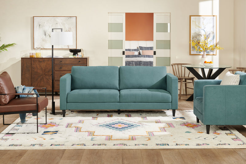 Sofa Metro de 78 po en tissu avec coussins de siège capitonnés et coussins de dossier réversibles - bleu denim