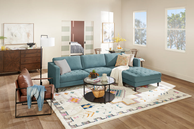 Sofa sectionnel de droite Metro 2 pièces en tissu avec fauteuil long et coussins de siège capitonnés - bleu denim