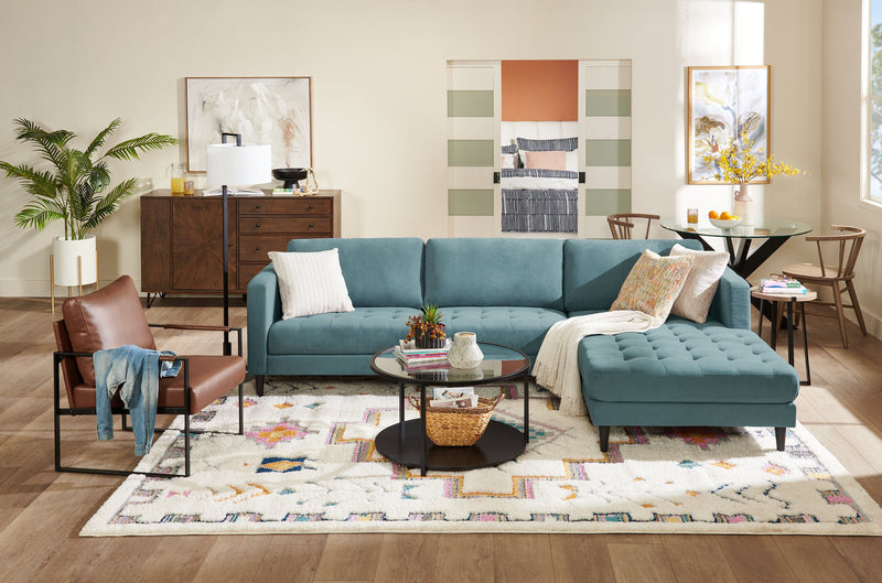 Sofa sectionnel de droite Metro 2 pièces en tissu avec fauteuil long et coussins de siège capitonnés - bleu denim
