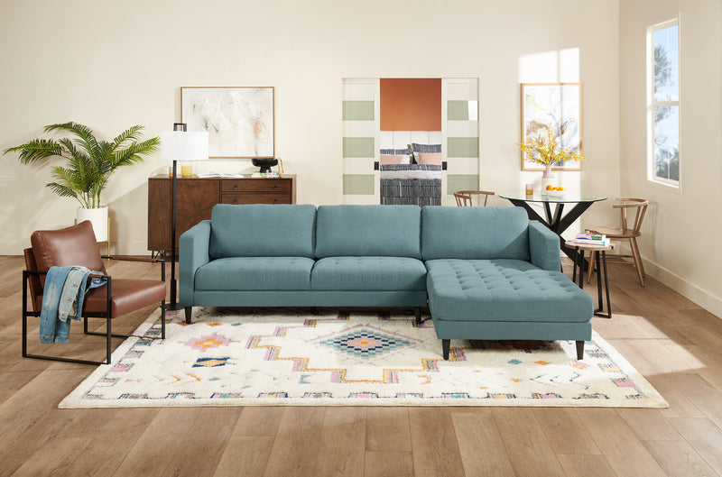 Sofa sectionnel de droite Metro 2 pièces en tissu avec fauteuil long et coussins de siège capitonnés - bleu denim