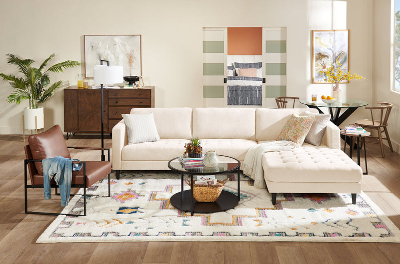 Sofa sectionnel de droite Metro 2 pièces en tissu avec fauteuil long et coussins de siège capitonnés - neutre