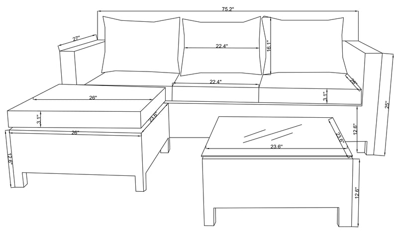 Ensemble de conversation Miami 3 pièces pour la terrasse à l’extérieur avec sofa, pouf et table à café à dessus en verre - osier en résine tressé à la main, résistant aux rayons UV et aux intempéries - brun et taupe