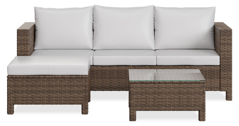 Ensemble de conversation Miami 3 pièces pour la terrasse à l’extérieur avec sofa, pouf et table à café à dessus en verre - osier en résine tressé à la main, résistant aux rayons UV et aux intempéries - brun et taupe