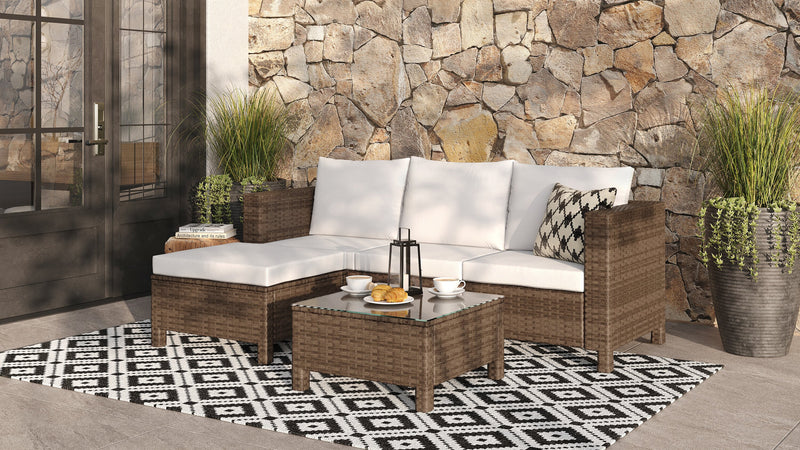 Ensemble de conversation Miami 3 pièces pour la terrasse à l’extérieur avec sofa, pouf et table à café à dessus en verre - osier en résine tressé à la main, résistant aux rayons UV et aux intempéries - brun et taupe