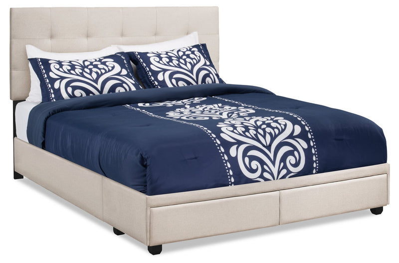 Lit plateforme rembourré Minka en tissu beige capitonné avec rangement - format grand lit