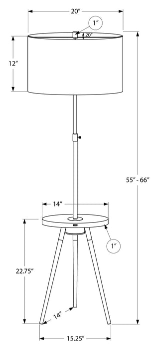 Lampe à pied de style trépied de 63 po en métal noir avec port USB