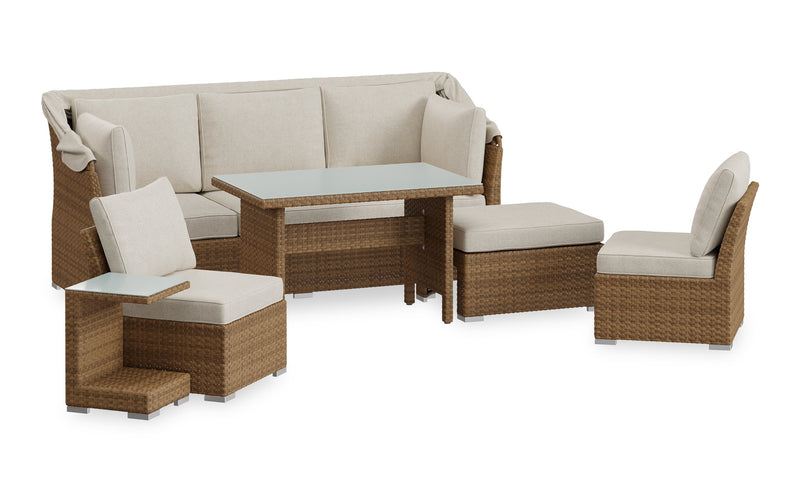 Ensemble de conversation à toit Montego 6 pièces pour la terrasse à l’extérieur avec sofa muni d’un toit, 2 fauteuils sans accoudoirs, pouf et table à café et table de bout avec dessus en verre - osier en résine tressé à la main, résistant aux rayons UV et aux intempéries - naturel et beige