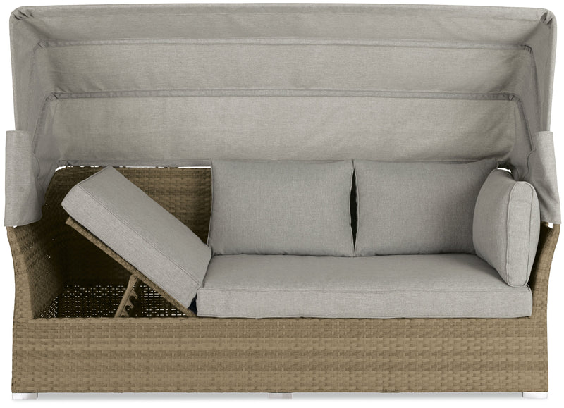 Ensemble de conversation à toit Montego 6 pièces pour la terrasse à l’extérieur avec sofa muni d’un toit, 2 fauteuils sans accoudoirs, pouf et table à café et table de bout avec dessus en verre - osier en résine tressé à la main, résistant aux rayons UV et aux intempéries - naturel et beige