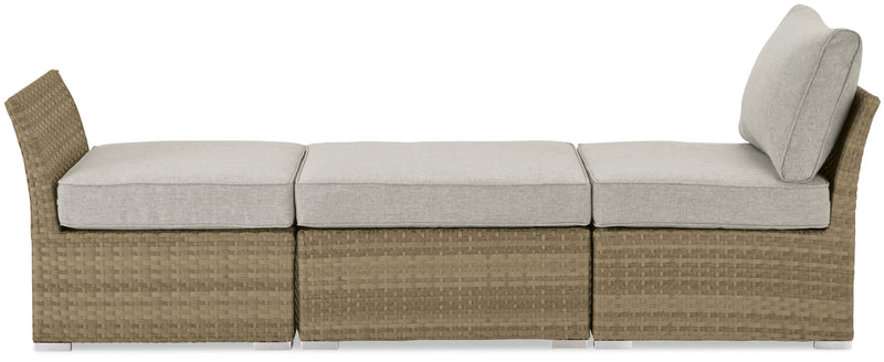 Ensemble de conversation à toit Montego 6 pièces pour la terrasse à l’extérieur avec sofa muni d’un toit, 2 fauteuils sans accoudoirs, pouf et table à café et table de bout avec dessus en verre - osier en résine tressé à la main, résistant aux rayons UV et aux intempéries - naturel et beige