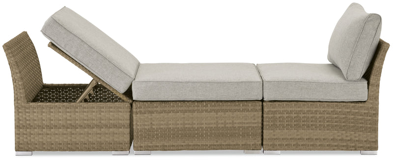 Ensemble de conversation à toit Montego 6 pièces pour la terrasse à l’extérieur avec sofa muni d’un toit, 2 fauteuils sans accoudoirs, pouf et table à café et table de bout avec dessus en verre - osier en résine tressé à la main, résistant aux rayons UV et aux intempéries - naturel et beige