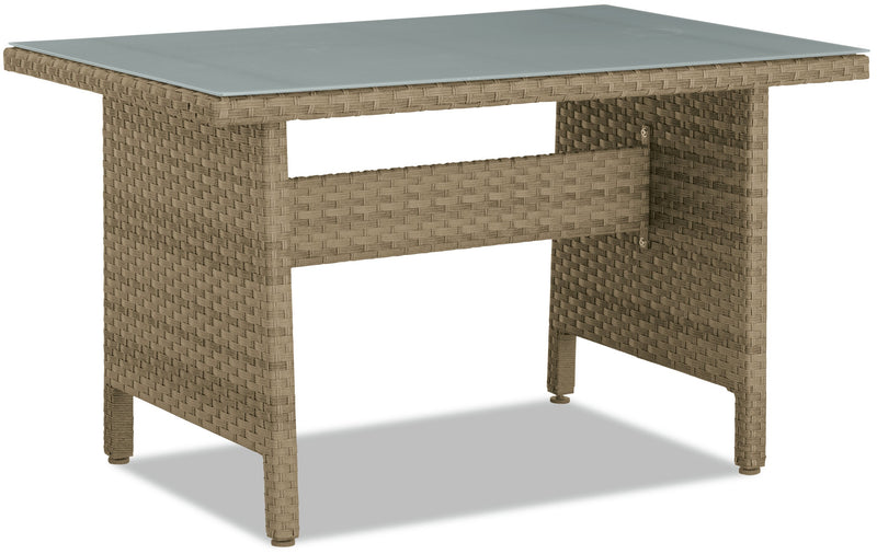 Ensemble de conversation à toit Montego 6 pièces pour la terrasse à l’extérieur avec sofa muni d’un toit, 2 fauteuils sans accoudoirs, pouf et table à café et table de bout avec dessus en verre - osier en résine tressé à la main, résistant aux rayons UV et aux intempéries - naturel et beige