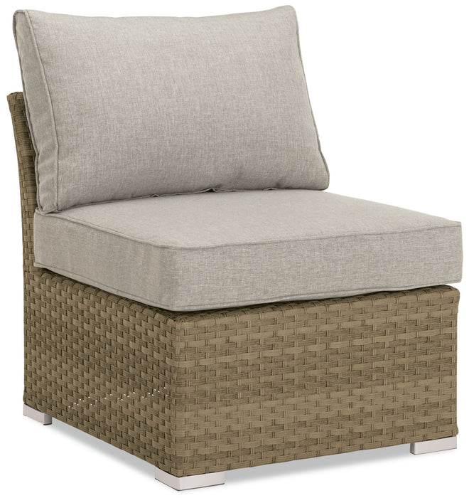 Ensemble de conversation à toit Montego 6 pièces pour la terrasse à l’extérieur avec sofa muni d’un toit, 2 fauteuils sans accoudoirs, pouf et table à café et table de bout avec dessus en verre - osier en résine tressé à la main, résistant aux rayons UV et aux intempéries - naturel et beige