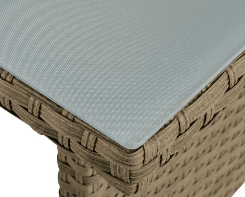 Ensemble de conversation à toit Montego 6 pièces pour la terrasse à l’extérieur avec sofa muni d’un toit, 2 fauteuils sans accoudoirs, pouf et table à café et table de bout avec dessus en verre - osier en résine tressé à la main, résistant aux rayons UV et aux intempéries - naturel et beige