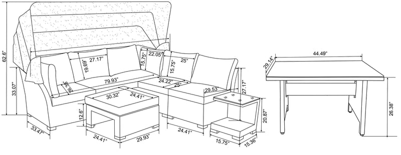 Ensemble de conversation à toit Montego 6 pièces pour la terrasse à l’extérieur avec sofa muni d’un toit, 2 fauteuils sans accoudoirs, pouf et table à café et table de bout avec dessus en verre - osier en résine tressé à la main, résistant aux rayons UV et aux intempéries - naturel et beige