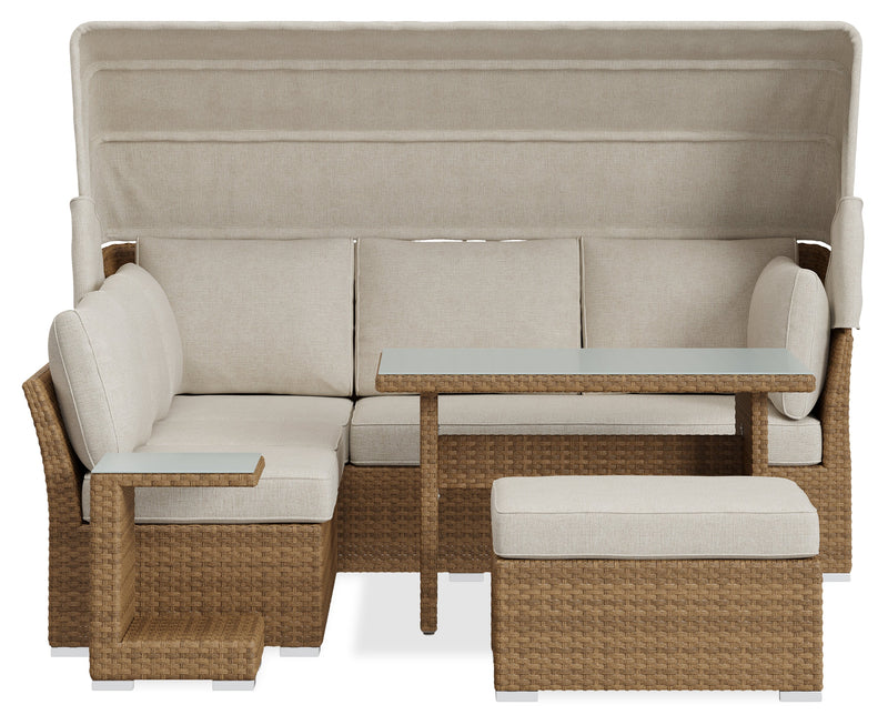 Ensemble de conversation à toit Montego 6 pièces pour la terrasse à l’extérieur avec sofa muni d’un toit, 2 fauteuils sans accoudoirs, pouf et table à café et table de bout avec dessus en verre - osier en résine tressé à la main, résistant aux rayons UV et aux intempéries - naturel et beige