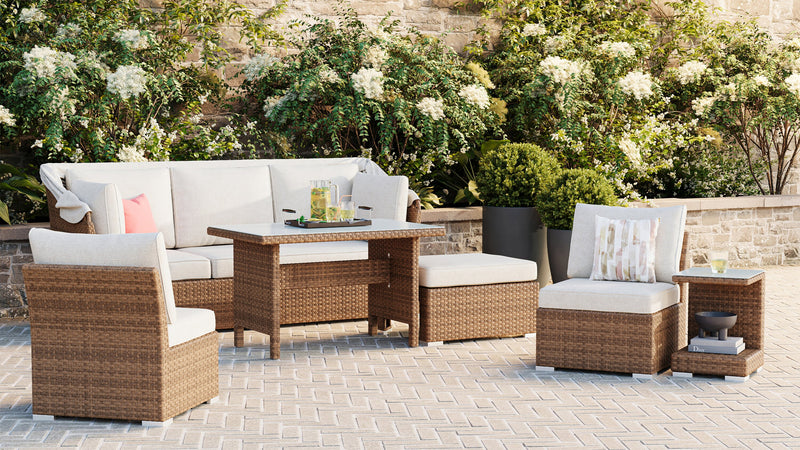Ensemble de conversation à toit Montego 6 pièces pour la terrasse à l’extérieur avec sofa muni d’un toit, 2 fauteuils sans accoudoirs, pouf et table à café et table de bout avec dessus en verre - osier en résine tressé à la main, résistant aux rayons UV et aux intempéries - naturel et beige