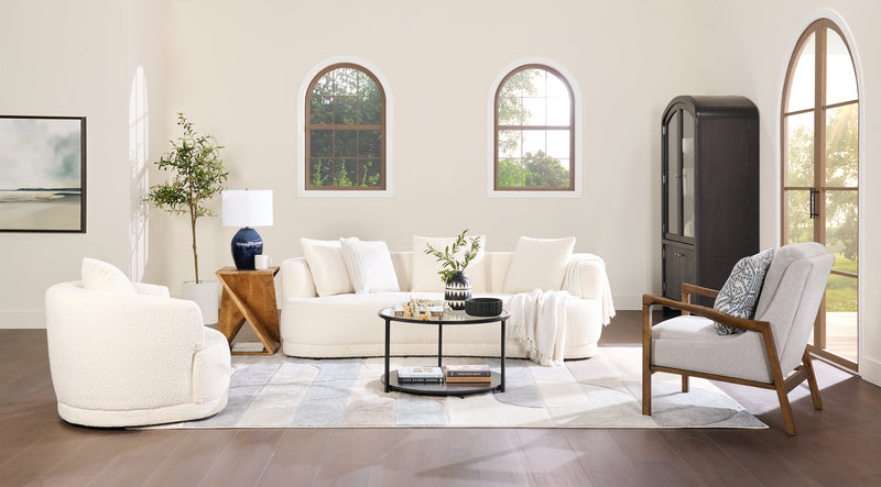 Sofa arrondi Moon de 91 po en tissu avec coussins décoratifs - blanc amande laineux