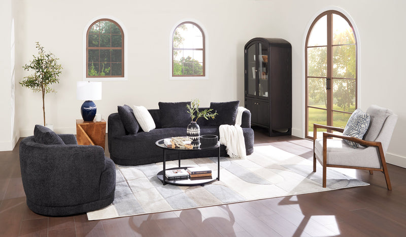 Sofa arrondi Moon de 91 po en tissu avec coussins décoratifs - noir corbeau laineux
