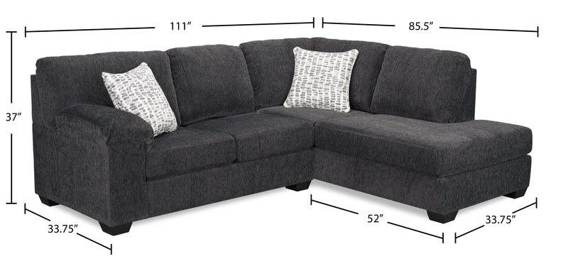 Sofa sectionnel de droite Morgan 2 pièces fabriqué au Canada en tissu de chenille avec coussins décoratifs - gris