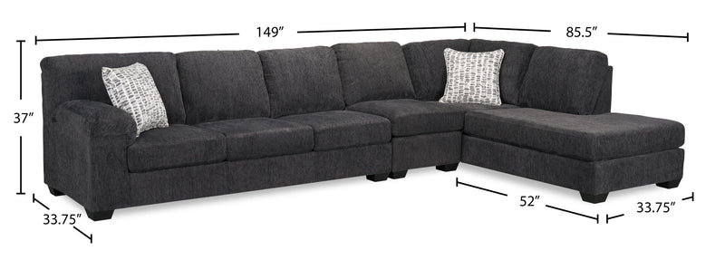 Sofa sectionnel de droite Morgan 3 pièces fabriqué au Canada en tissu de chenille avec sofa et coussins décoratifs - gris
