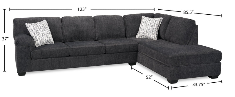 Sofa-lit sectionnel de droite Morgan 2 pièces fabriqué au Canada en tissu de chenille avec coussins décoratifs - gris