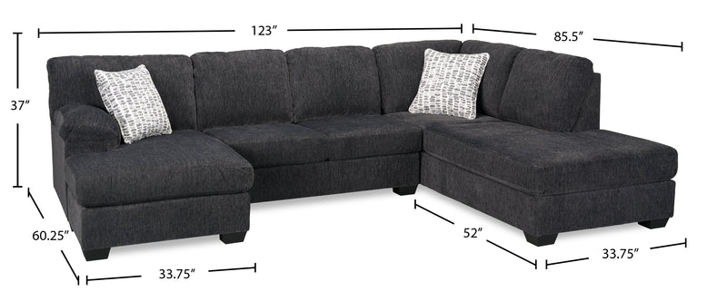 Sofa sectionnel en U de droite Morgan 2 pièces fabriqué au Canada en tissu de chenille avec coussins décoratifs - gris
