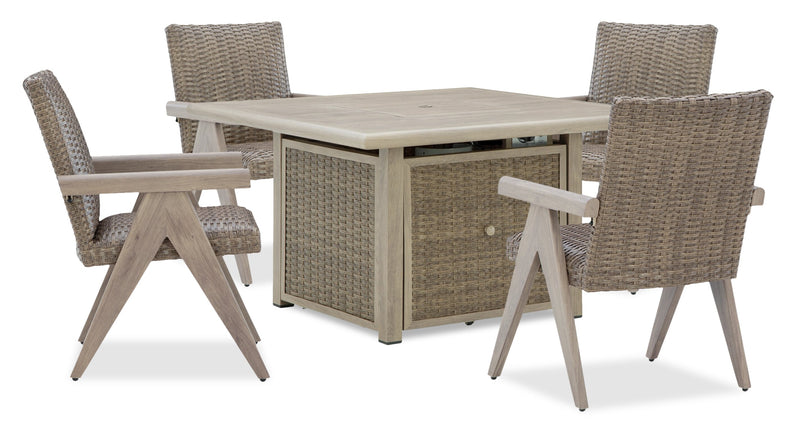 Ensemble Muskoka 5 pièces pour la terrasse à l’extérieur avec foyer-table et 4 chaises - 50 000 BTU, osier en résine - beige