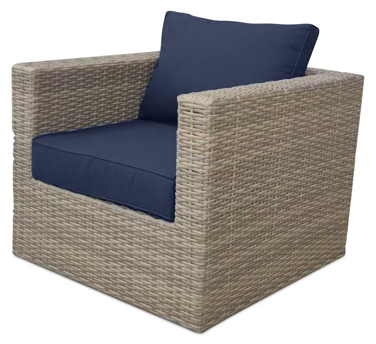 Fauteuil Naples pour la terrasse à l’extérieur - osier en résine tressé à la main, résistant aux rayons UV et aux intempéries - naturel et bleu