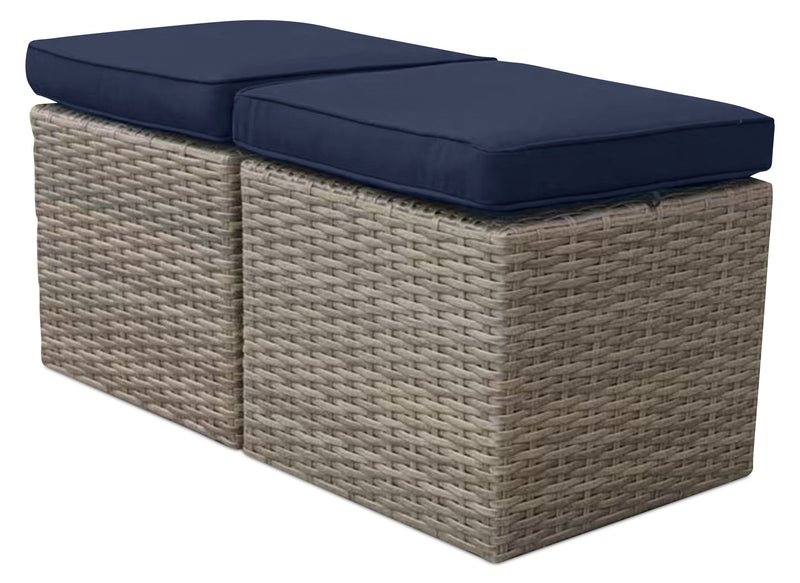 Grand pouf Naples pour la terrasse à l’extérieur - osier en résine tressé à la main, résistant aux rayons UV et aux intempéries - naturel et bleu
