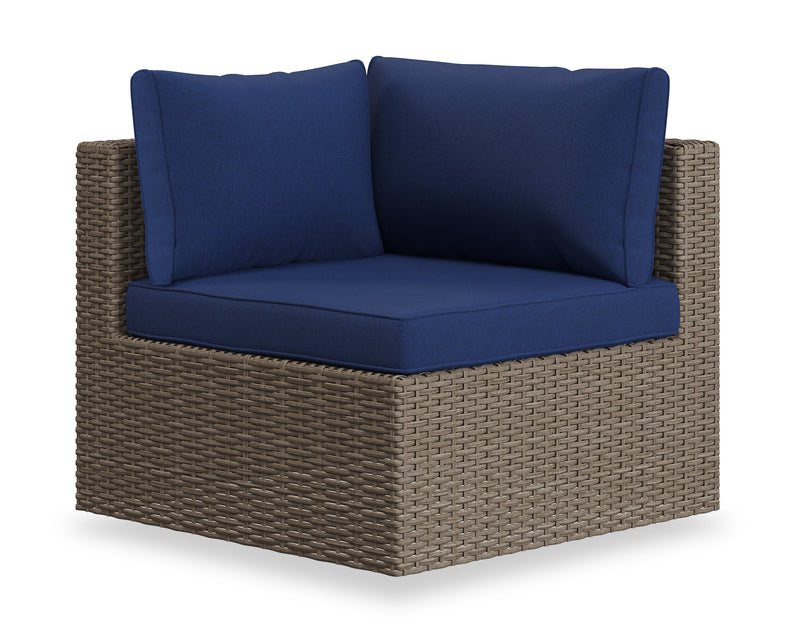 Ensemble Naples 5 pièces pour la terrasse à l’extérieur avec 3 fauteuils en coin et 2 fauteuils sans accoudoirs - osier en résine tressé à la main, résistant aux rayons UV et aux intempéries - naturel et bleu