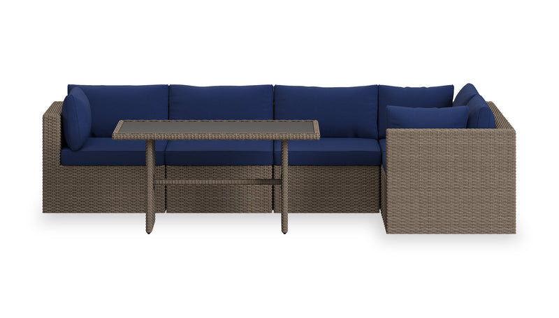 Ensemble Naples 5 pièces pour la terrasse à l’extérieur avec 3 fauteuils en coin et 2 fauteuils sans accoudoirs - osier en résine tressé à la main, résistant aux rayons UV et aux intempéries - naturel et bleu