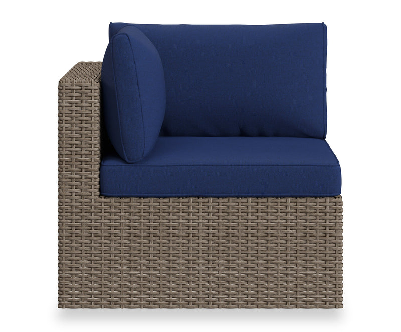 Ensemble Naples 5 pièces pour la terrasse à l’extérieur avec 3 fauteuils en coin et 2 fauteuils sans accoudoirs - osier en résine tressé à la main, résistant aux rayons UV et aux intempéries - naturel et bleu
