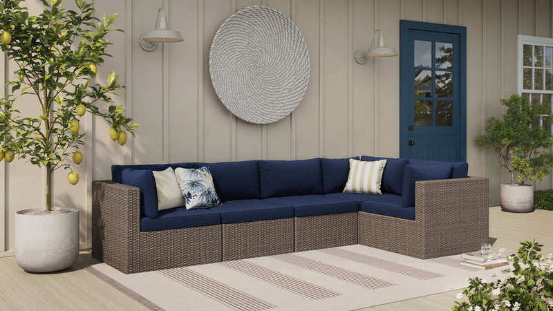 Ensemble Naples 5 pièces pour la terrasse à l’extérieur avec 3 fauteuils en coin et 2 fauteuils sans accoudoirs - osier en résine tressé à la main, résistant aux rayons UV et aux intempéries - naturel et bleu