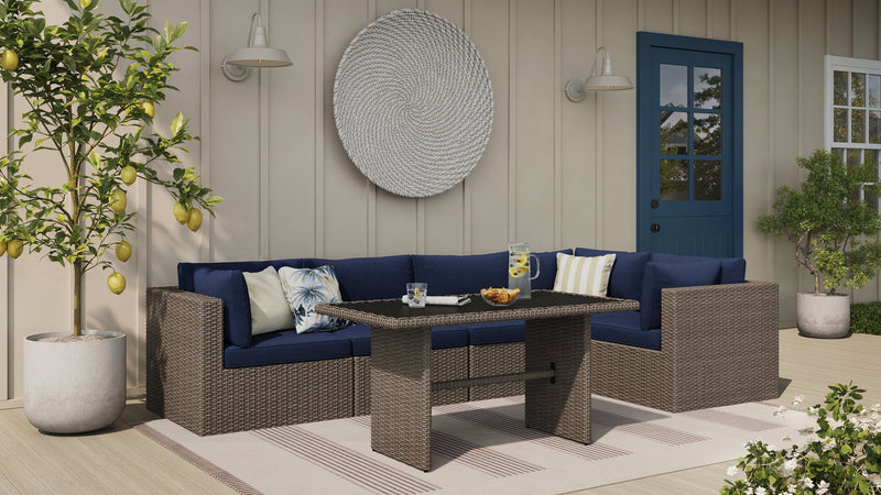 Ensemble Naples 5 pièces pour la terrasse à l’extérieur avec 3 fauteuils en coin et 2 fauteuils sans accoudoirs - osier en résine tressé à la main, résistant aux rayons UV et aux intempéries - naturel et bleu